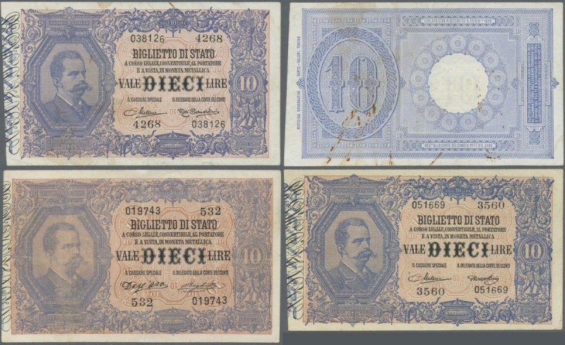 Italy: Set of 3 different banknotes 10 Lire L.1888, P. 20c (pressed, F), P. 20h ...