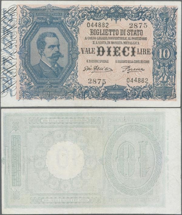 Italy: 10 Lire 1888 P. 20g, washed and pressed but still with strong paper, nice...