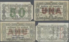 Italy: set of 2 notes Banca Del Popolo 50 Centesimi and 1 Lira 1866-1871 P. G26, G27, the first one with missing corner pieces, the one lira with mino...
