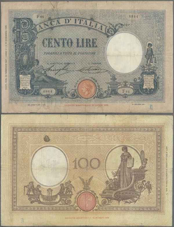 Italy: 100 Lire 1927 P. 50a, used with several folds, stains, border tears, pres...
