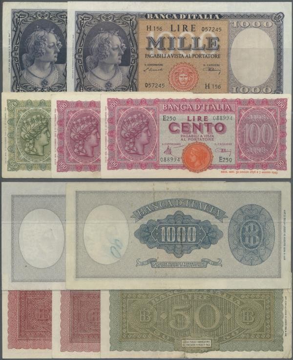 Italy: set of 5 notes containing 50, 100 & 1000 Lire 1944/47/1947-63 P. 74, 75, ...