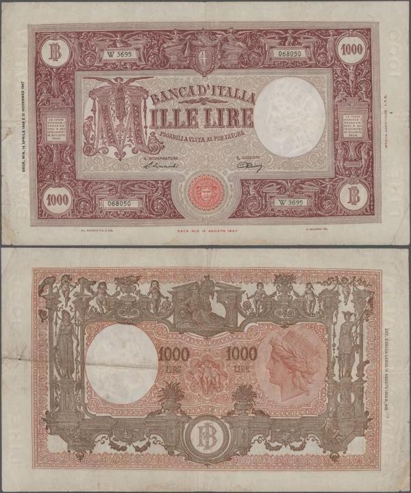 Italy: Banca d'Italia 1000 Lire 1948 with signatures: Einaudi & Urbini, P.81a, s...