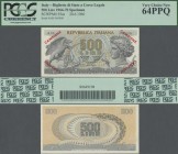 Italy: Repubblica Italiana 500 Lire 1966 SPECIMEN, P.93as with zero serial number red overprint ”Campione” in UNC condition, PCGS graded 64 PPQ Very C...
