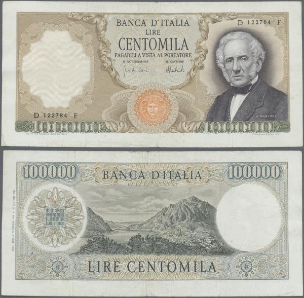 Italy: 100.000 Lire 1974 P. 100c Manzoni, S/N D122784F, several folds in paper, ...