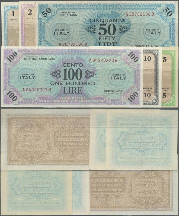 Italy: set of 6 notes Allied Military Currency Italy containing 1, 2, 5 10, 50 &...