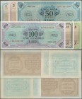 Italy: set of 6 notes Allied Military Currency Italy containing 1, 2, 5 10, 50 & 100 Lire 1943/1943A, the first two with center fold in VF, the 5, 10,...