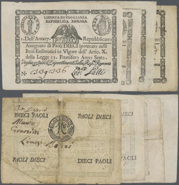 Italy: set of 4 notes 10 Paoli 1798 P. S540b, c, d, one in XF, 2x VF- to VF and ...