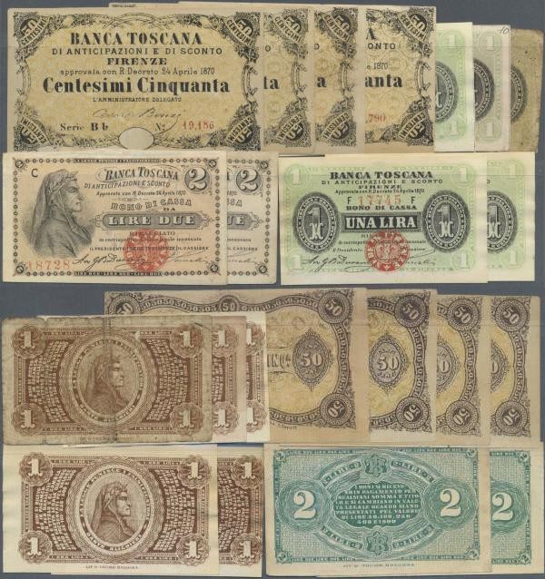 Italy: set of 11 small size notes ”Banca Toscana” from 1870 containing 5x 1 Lira...