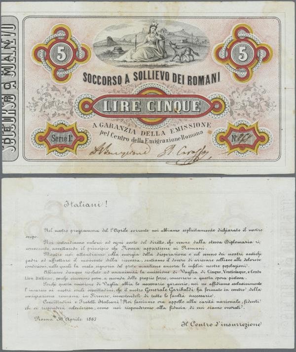 Italy: 5 Lire Soccorso A Sollievo Dei Romani 1867 P. NL, used with vertical and ...