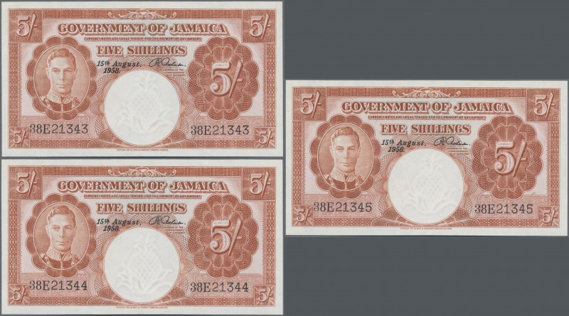 Jamaica: Government of Jamaica, lot with 3 consecutive numbered banknotes 5 Shil...