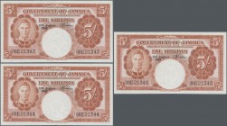Jamaica: Government of Jamaica, lot with 3 consecutive numbered banknotes 5 Shillings 1958 (serial number 38E21343-38E21345), P.37b, all in perfect UN...