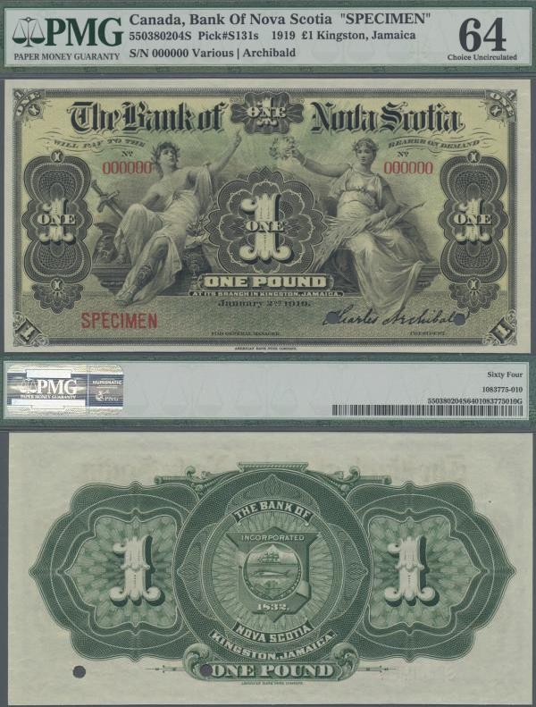 Jamaica: The Bank of Nova Scotia 1 Pound 1919 SPECIMEN, P.S131s, uncirculated an...