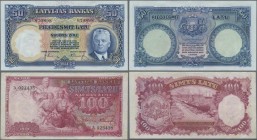 Latvia: Latvijas Banka pair with 50 Latu 1934 P.20 in perfect UNC and 100 Latu 1939 P.22 in VF+ with vertical fold and some minor creases in the paper...