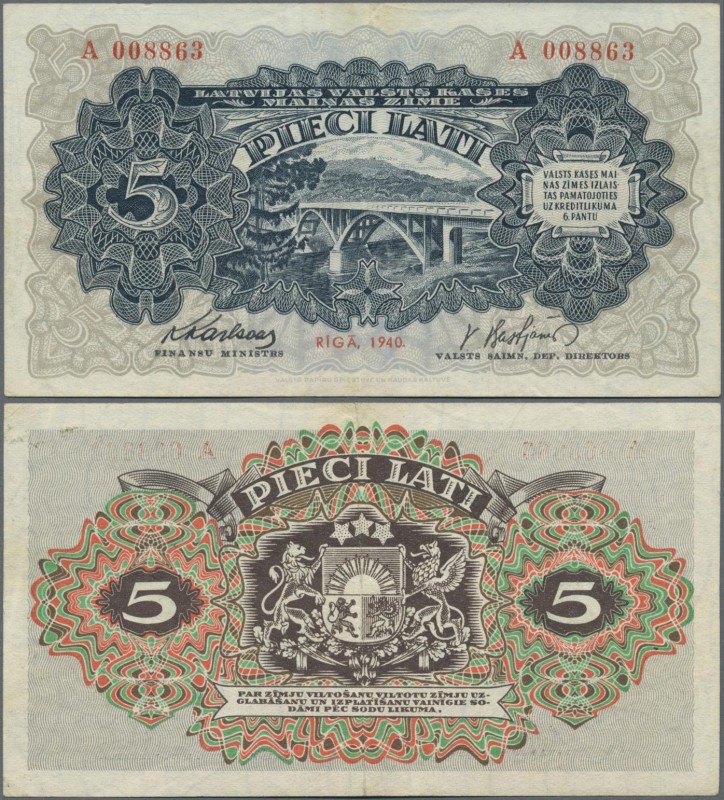 Latvia: Latvian Government Currency Note 5 Lati 1940, P.34a, vertically folded a...