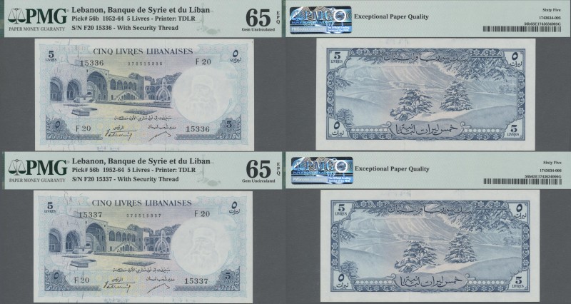 Lebanon: Banque de Syrie et du Liban consecutive numbered pair of the 5 Livres 1...