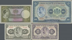 Luxembourg: set of 8 pcs containing 2x 20 Francs 1943 P. 42 (F+/VF), 2x 5 Francs ND(1944) P. 43a,b (F/VF), 10 Francs ND(1944) P. 44 (F), 2x 50 Francs ...