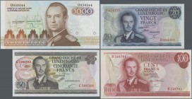 Luxembourg: Set with 9 banknotes series 1966 till 1985 with 10, 20, 2x 50, 3x 100 and 1000 Francs, P.53a, 54b, 55a,b, 56a, 57a, 58a,b, 59a, Condition:...