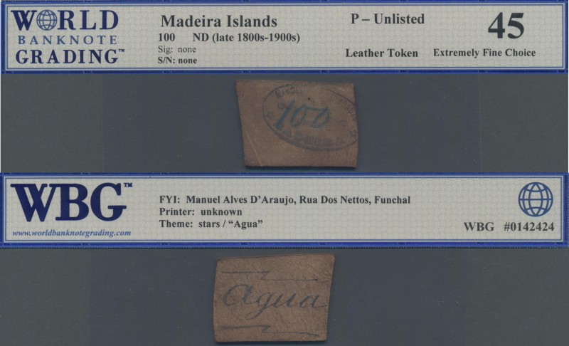 Madeira: Madeira Islands leather token ”100” ND(1800's-1900's), P.NL with annota...