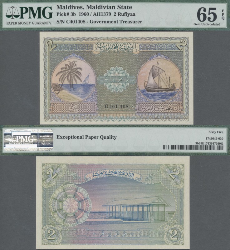 Maldives: Maldivian State 2 Rufiyaa 1960, P.3b, PMG graded 65 Gem Uncirculated E...