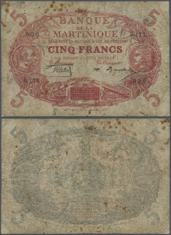 Martinique: 5 Francs 1929 P. 6A, rare early date issue of this note and seldom s...