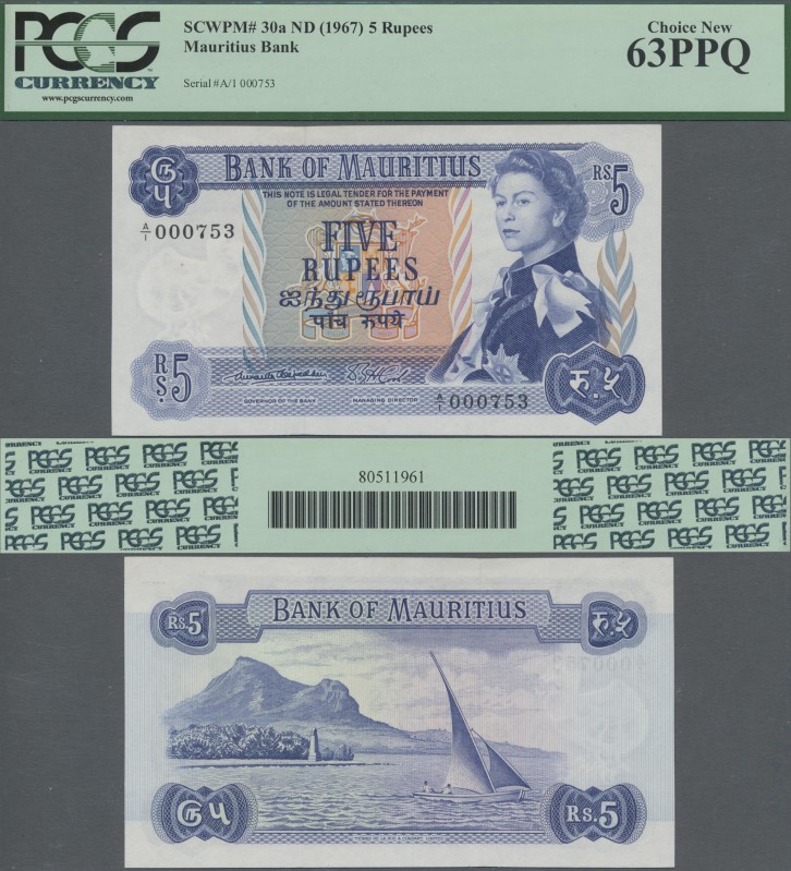 Mauritius: Bank of Mauritius 5 Rupees ND(1967), P.30a with very low serial numbe...