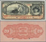 Mexico: El Banco de Sonora 20 Pesos 1899-1911 SPECIMEN, P.S421s, punch hole cancellation and red overprint Specimen at lower center, serial number 000...