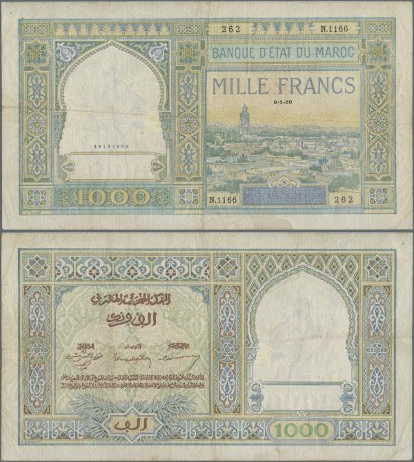 Morocco: Banque d'État du Maroc 1000 Francs 1950, P.16c, still intact without la...