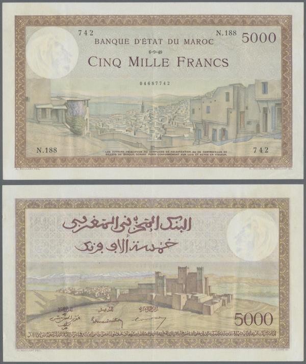 Morocco: Banque d'État du Maroc 5000 Francs 1949, P.23c, excellent condition wit...