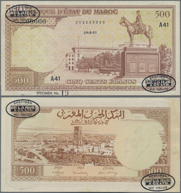 Morocco: Banque d'État du Maroc 500 Francs 1951 unissued DLR SPECIMEN, P.45As, e...