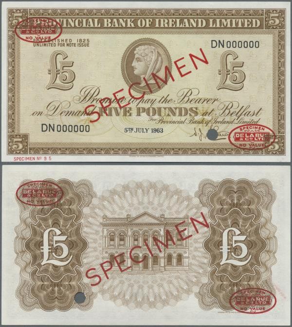Northern Ireland: Provincial Bank of Ireland 5 Pounds 1963 TDLR Specimen, P.244s...