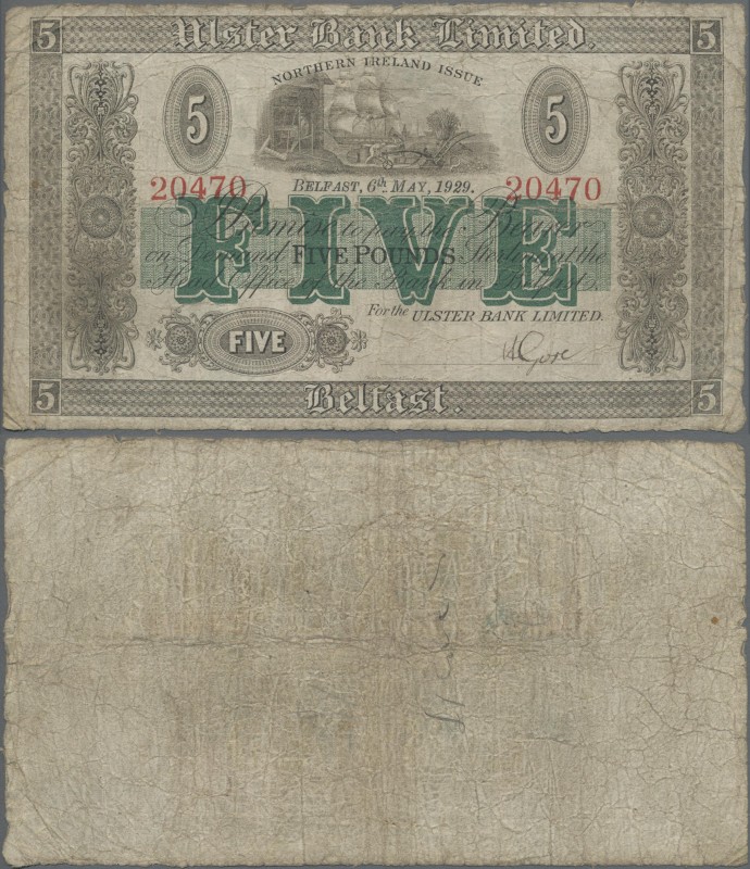 Northern Ireland: Ulster Bank Limited 5 Pounds 1929, P.390, still intact with to...