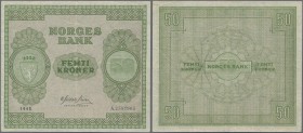 Norway: Norges Bank 50 Kroner 1945, P.27, great condition with stronger vertical fold and a few other creases, but still crisp paper and bright colors...