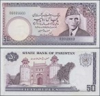 Pakistan: State Bank of Pakistan 50 Rupees ND(1986-2006) SPECIMEN, signature: Ishrat Hussain, P.40s with black serial number 00000000 in perfect UNC c...