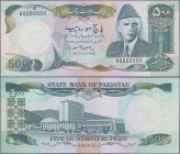 Pakistan: State Bank of Pakistan 500 Rupees ND(1986-2006) SPECIMEN, signature: Ishrat Hussain, P.42s with black serial number 00000000, tiny dint at l...
