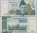 Pakistan: State Bank of Pakistan 500 Rupees 2009 SPECIMEN, P.49Aas with perforation ”Specimen” and black serial number 0000000, tiny dint at lower lef...