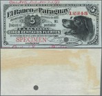 Paraguay: 5 Centavos Fuertes 1882 Specimen P. S121s with serial number 12345, printers annotations at upper and lower border, uniface print with resid...
