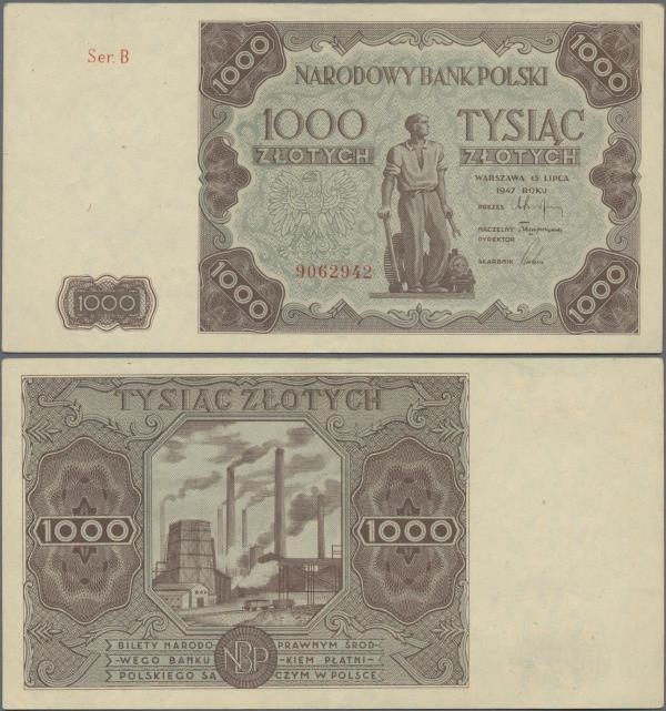 Poland: 1000 Zlotych 1947, P.133, excellent condition with only stronger fold at...