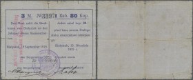 Poland: Die Stadtkasse von Bialystok, 3 Mark 1 Rubel 80 Kopeken 1915. Stamp with coat of arms, larger border tears and small hole at center, Podczaski...