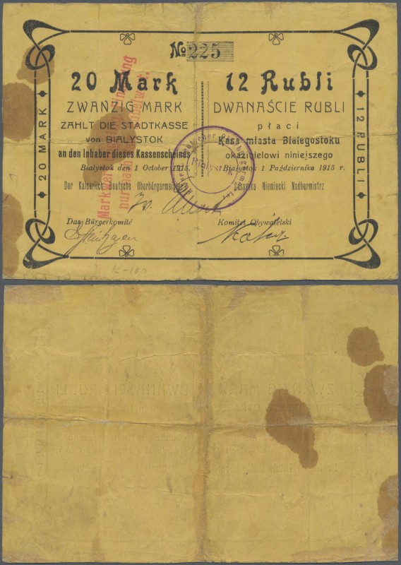 Poland: Die Stadtkasse von Bialystok, 20 Mark 12 Rubli 1915. Round stamp with sm...