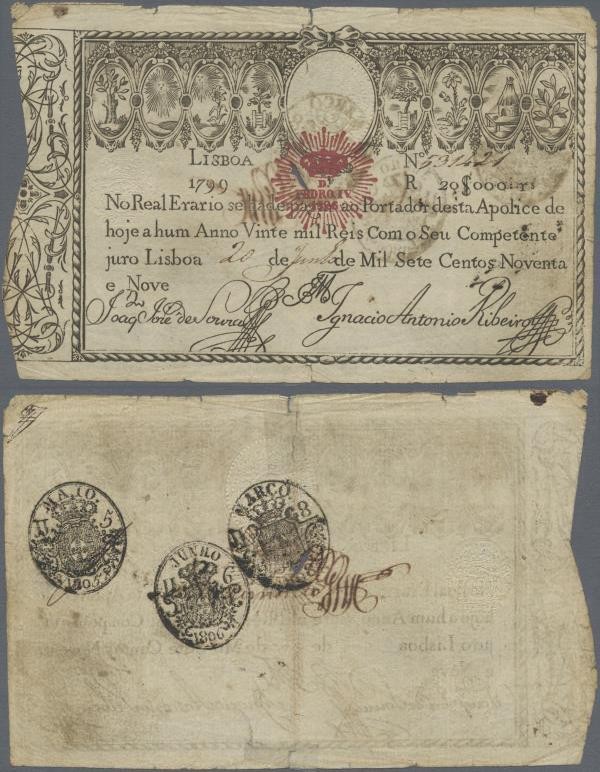 Portugal: 20.000 Reis 1799 revalidation issue ”Pedro IV” P. 31, stronger center ...