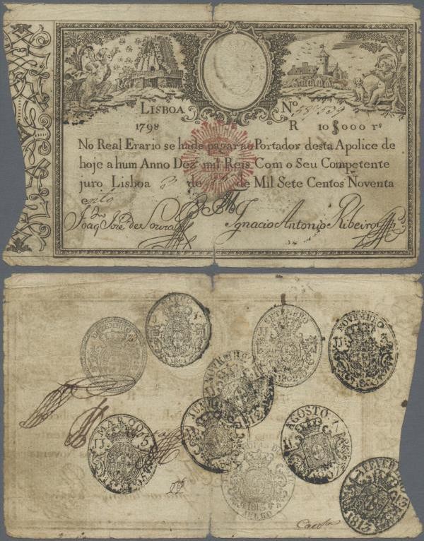 Portugal: 10.000 Reis 1798 red stamp ”Miguel” revalidation P. 40, as usual stron...