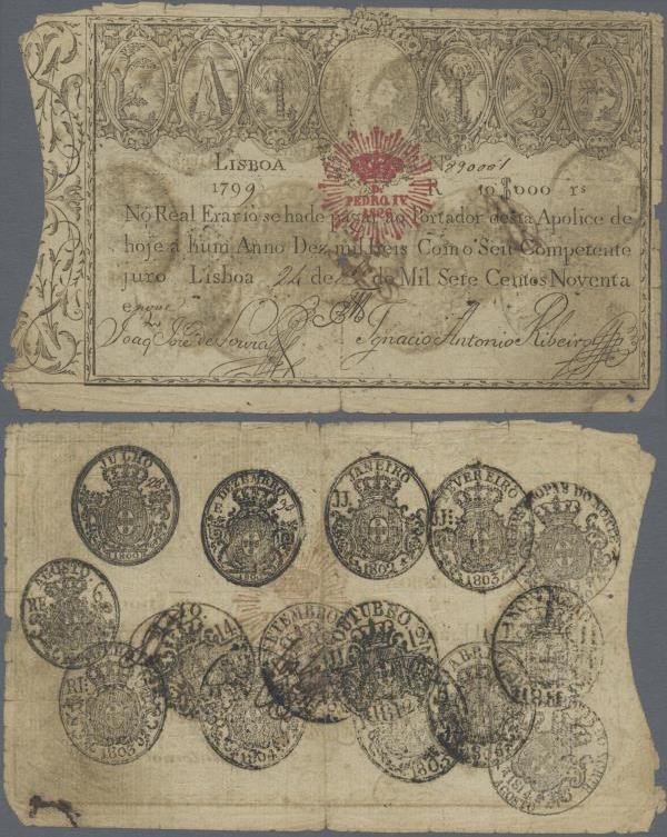 Portugal: 10.000 Reis 1799 P. NL, revalidation issue ”Pedro IV”, stronger used w...