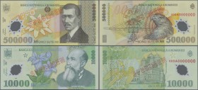 Romania: Pair with 10.000 Lei (20)00 and 500.000 Lei (20)00 SPECIMEN, P.112s, 115s, both in perfect UNC condition. (2 pcs.)
 [plus 19 % VAT]