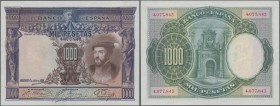 Spain: 1000 Pesetas 1925, P.70c, tiny pinholes and ironed fold at center, Condition: VF.
 [taxed under margin system]
Knocked down to the highest bi...