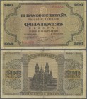 Spain: 500 Pesetas 1938 P. 114a, stronger used with strong center fold, 2 other vertical folds, handling in paper, border tears, but no repairs, condi...