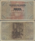 Spain: 1000 Pesetas 1938 P. 115a, used with horizontal and vertical folds, creases, 2 border tears (4mm), paper irritation at upper left, but no holes...