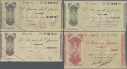 Spain: BILBAO – set with 4 banknotes 5, 25, 50 and 100 Pesetas 1936, P.S551-S554 in F to VF condition. (4 pcs.)
 [taxed under margin system]