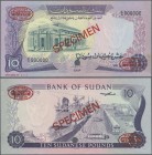 Sudan: 10 Pounds ND Specimen P. 15s, with red specimen overprints and DE LA RUE ovals in corners, cancellation hole at lower area, unfolded, only one ...
