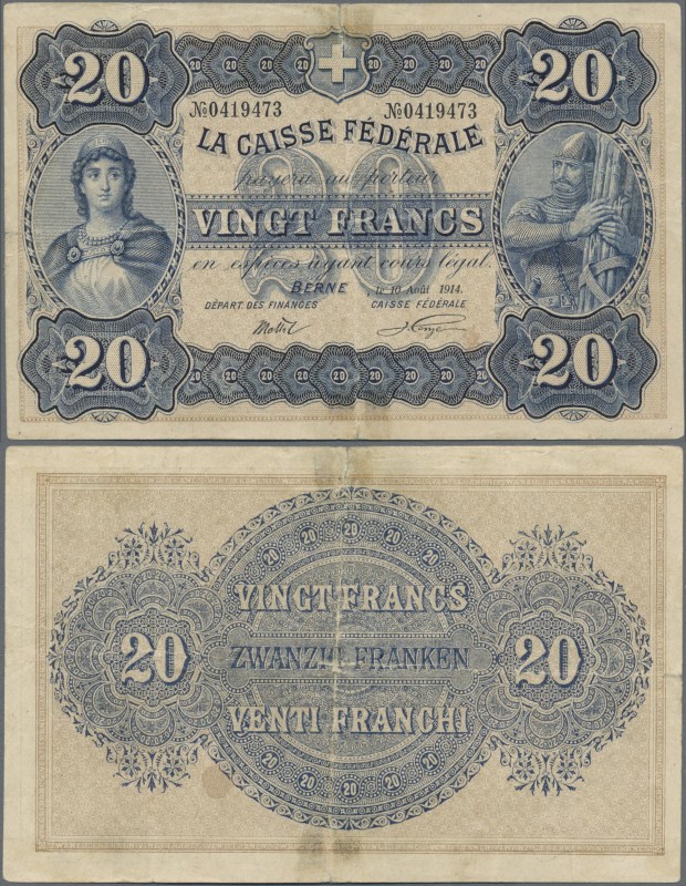 Switzerland: La Caisse Fédérale 20 Francs 10th August 1914, P.21, extraordinary ...