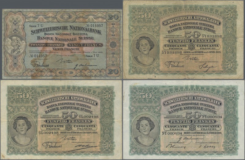 Switzerland: Nice lot with 4 banknotes 20 Franken 1923, 50 Franken 1924, 1926 an...